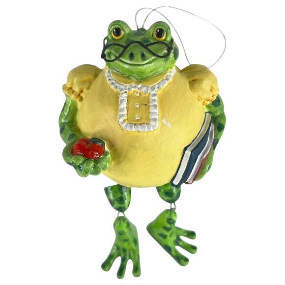 Frog Teacher Christmas Ornament With Apple & Book Dangling Legs Novelty Gallerie - Picture 2 of 8